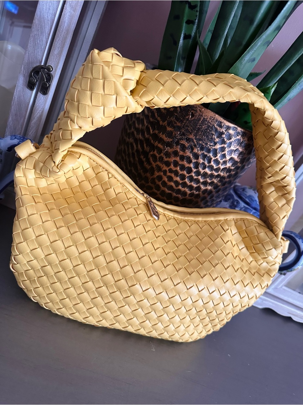 Woven Knot-Handle Yellow Shoulder Bag